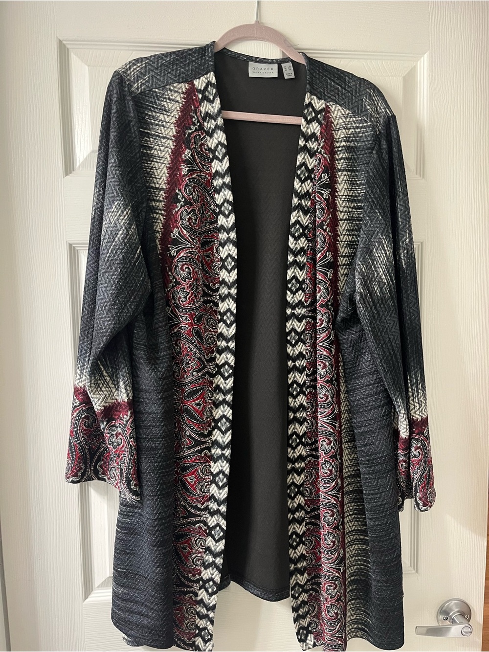 Susan Graver Open-Front Cardigan in Black, Burgundy & Cream